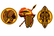 Three African heritage emblems with shields and a spear on the map
